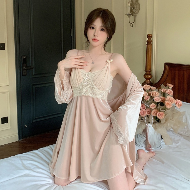 Autumn thermal night dress golden velvet pajamas 2pcs set