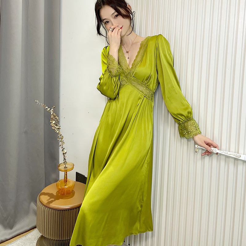 Satin elasticity night dress lace silk pajamas for women