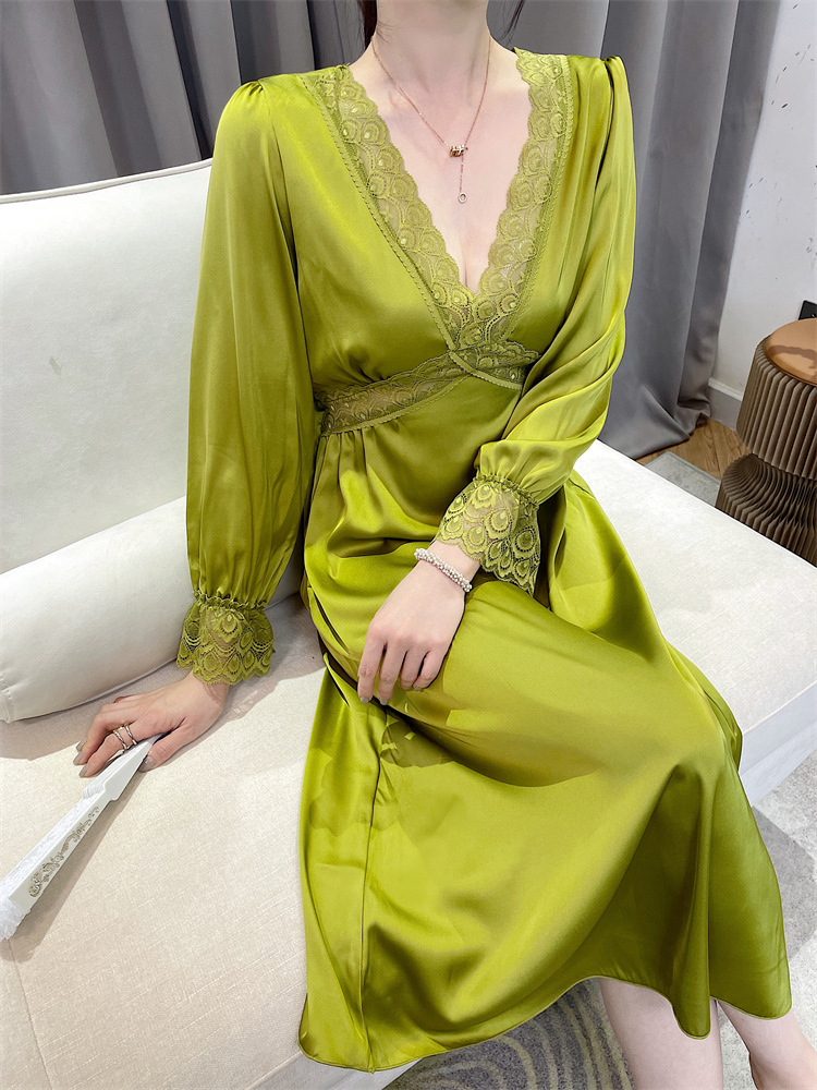 Satin elasticity night dress lace silk pajamas for women