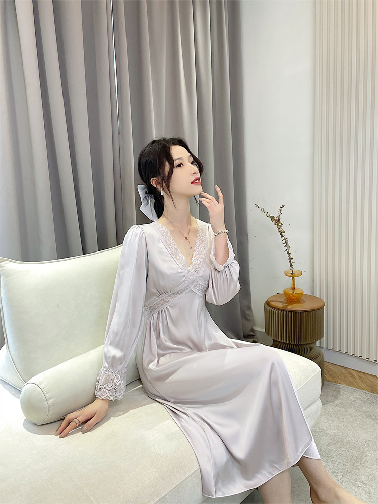 Satin elasticity night dress lace silk pajamas for women