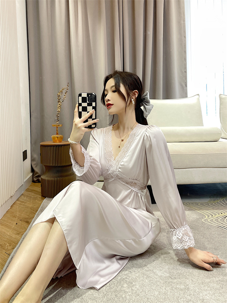 Satin elasticity night dress lace silk pajamas for women