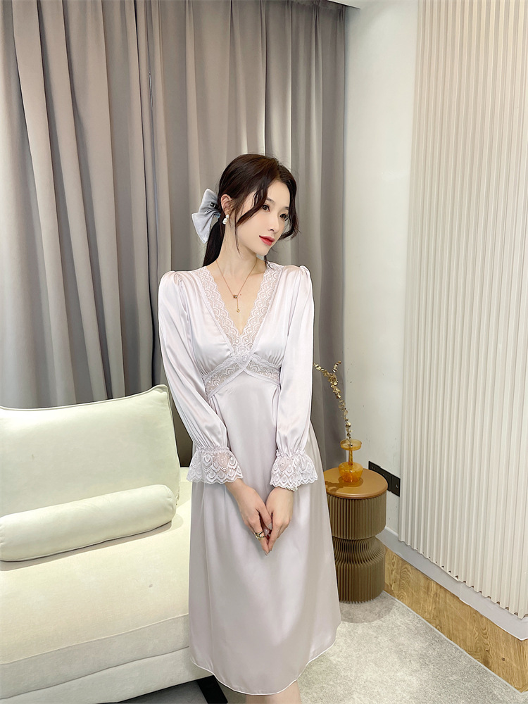 Satin elasticity night dress lace silk pajamas for women