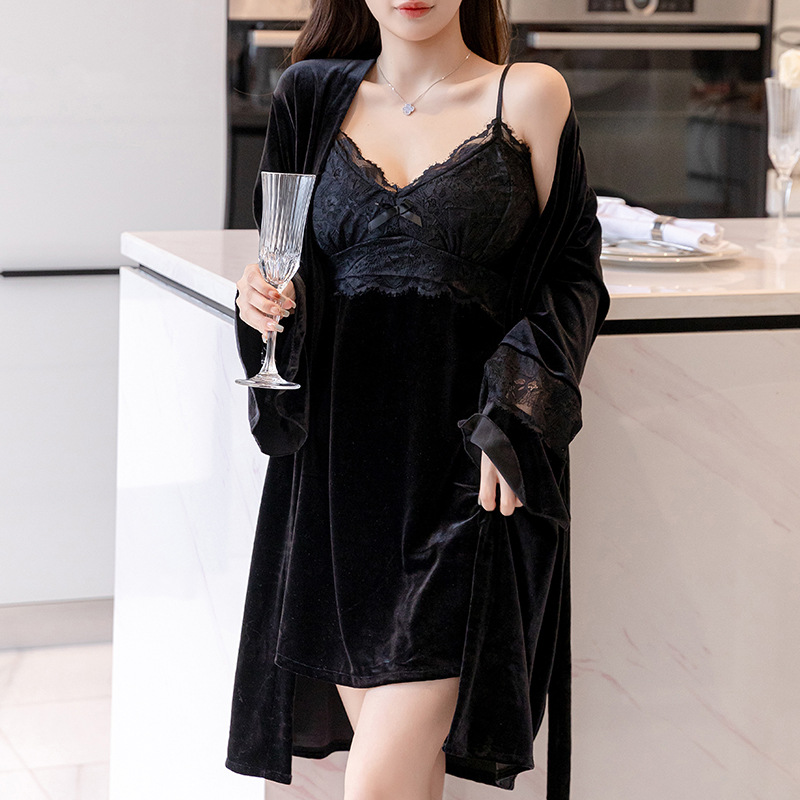 Sexy night dress long sleeve nightgown 2pcs set