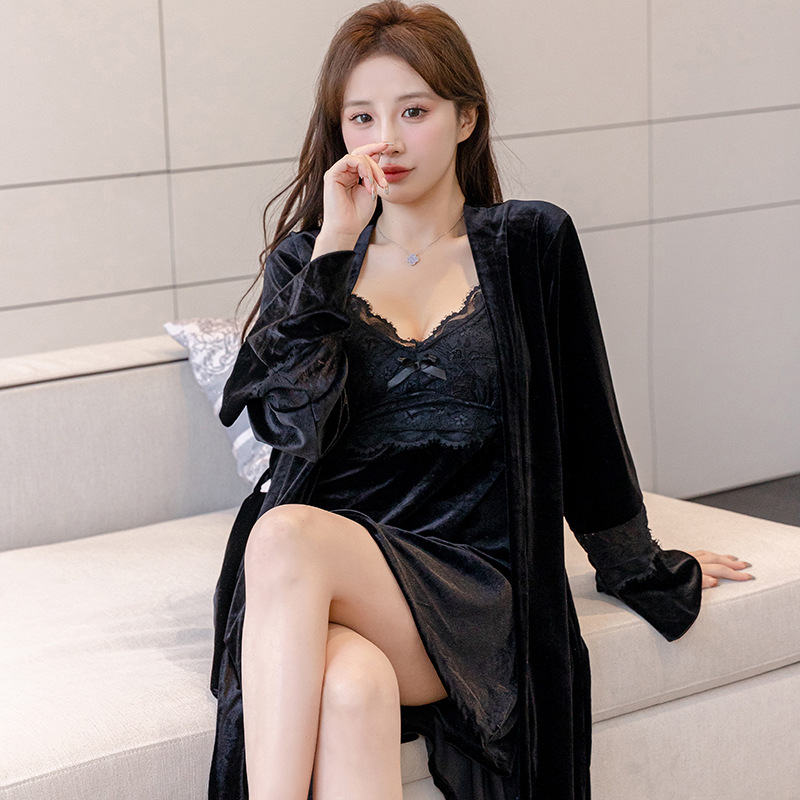 Sexy night dress long sleeve nightgown 2pcs set