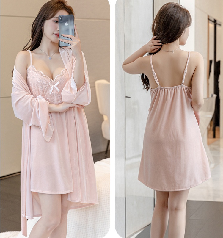 Sexy night dress long sleeve nightgown 2pcs set