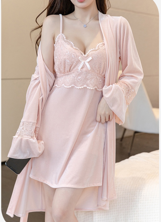 Sexy night dress long sleeve nightgown 2pcs set