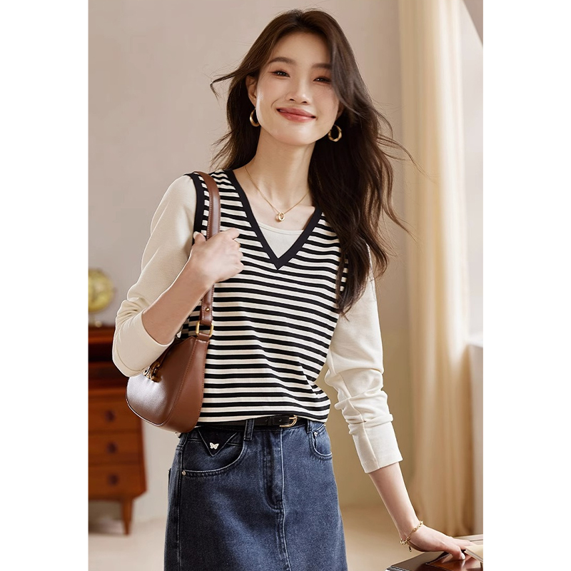 Splice Pseudo-two shirts stripe long sleeve T-shirt