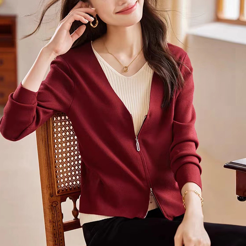 France style V-neck zip tops retro autumn sweater