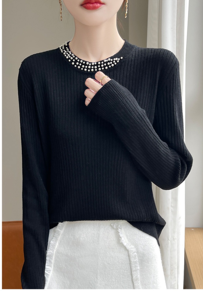 Pit stripe long sleeve sweater loose beading tops for women