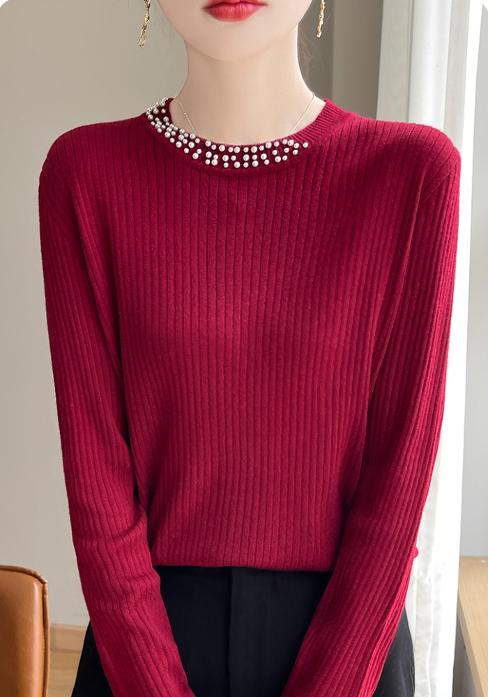 Pit stripe long sleeve sweater loose beading tops for women