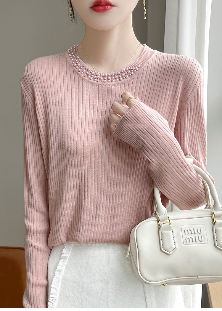 Pit stripe long sleeve sweater loose beading tops for women