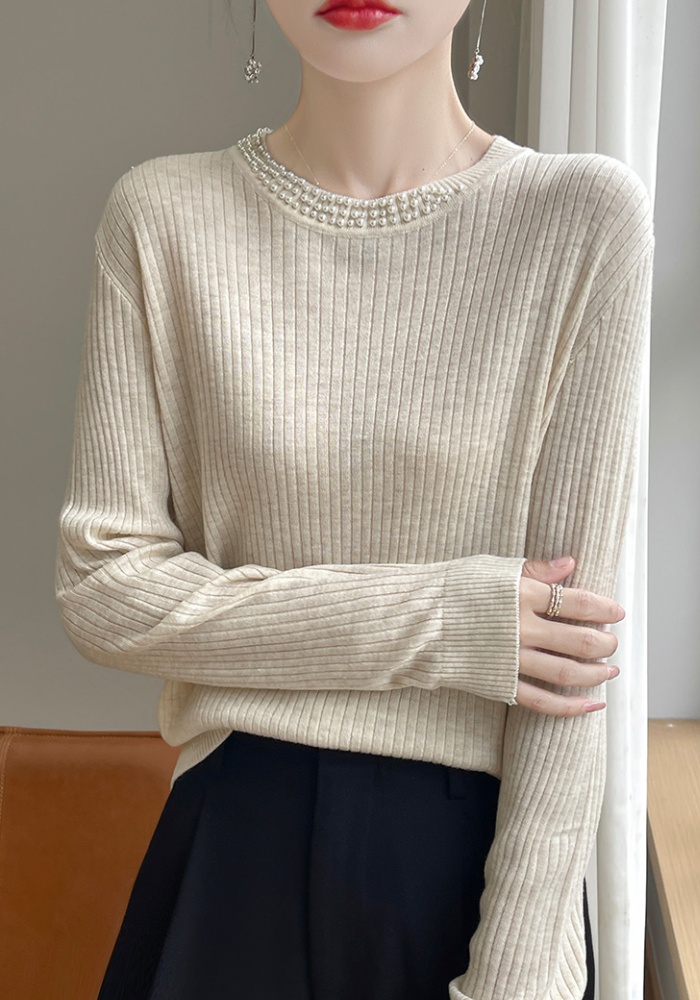 Pit stripe long sleeve sweater loose beading tops for women