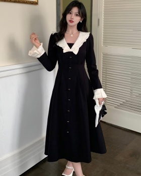 Fat pinched waist doll collar black long dress for women