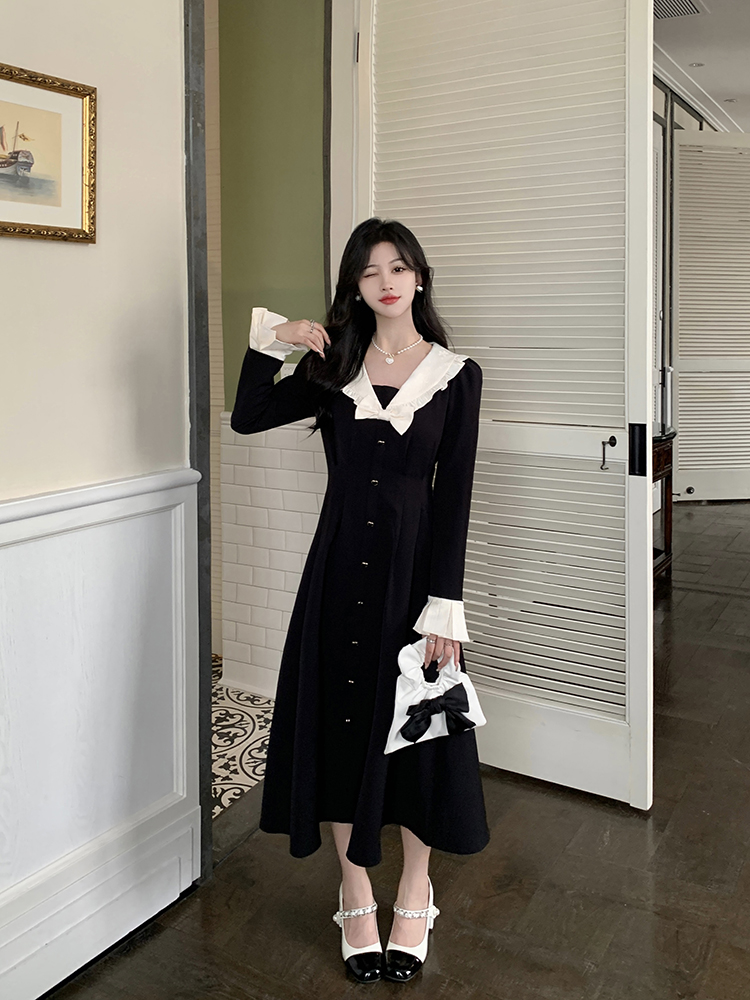 Fat pinched waist doll collar black long dress for women