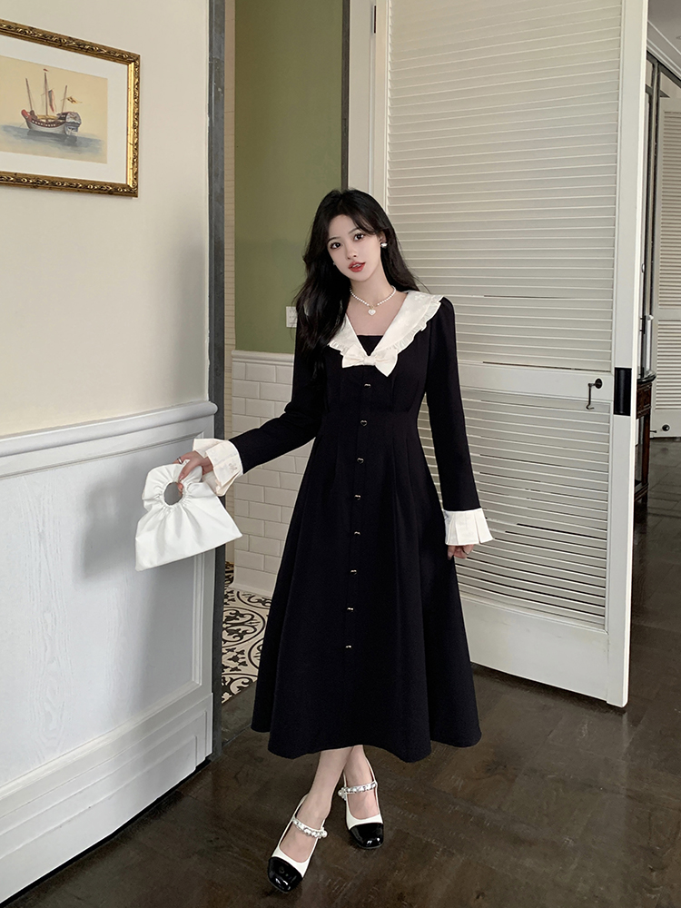 Fat pinched waist doll collar black long dress for women