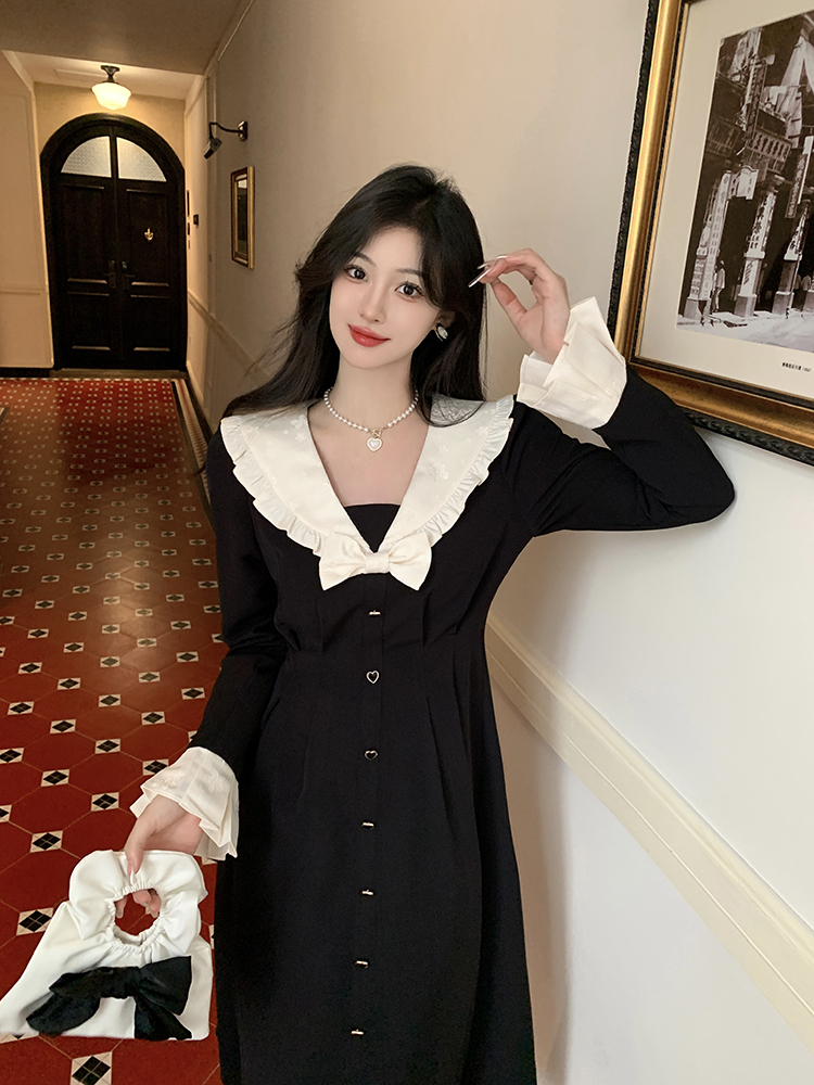 Fat pinched waist doll collar black long dress for women