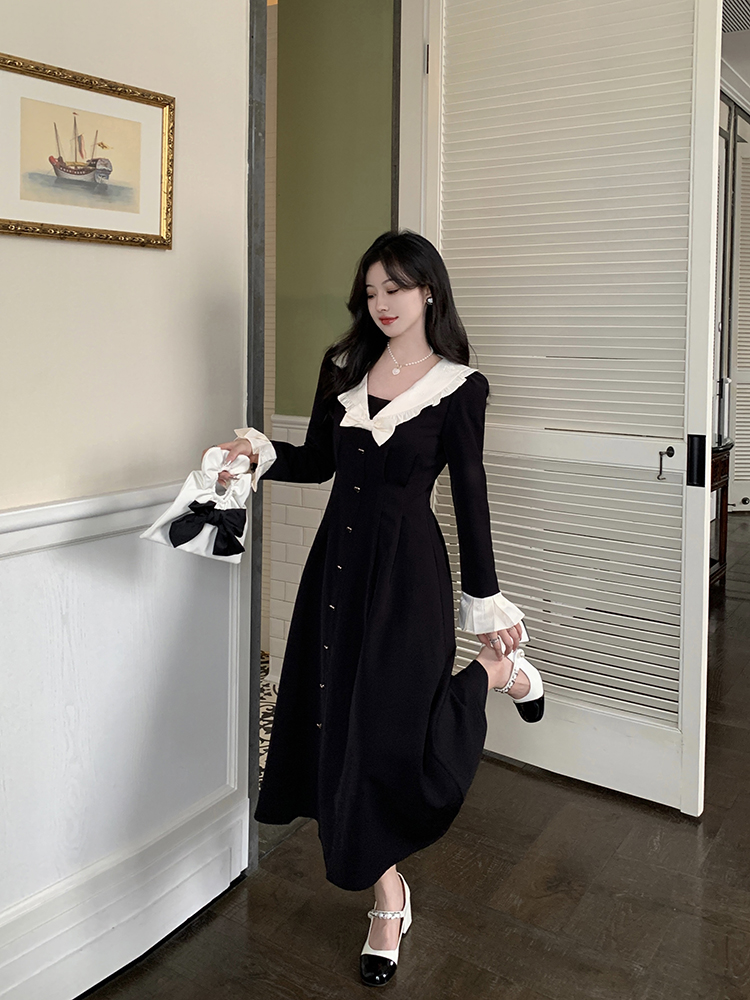 Fat pinched waist doll collar black long dress for women