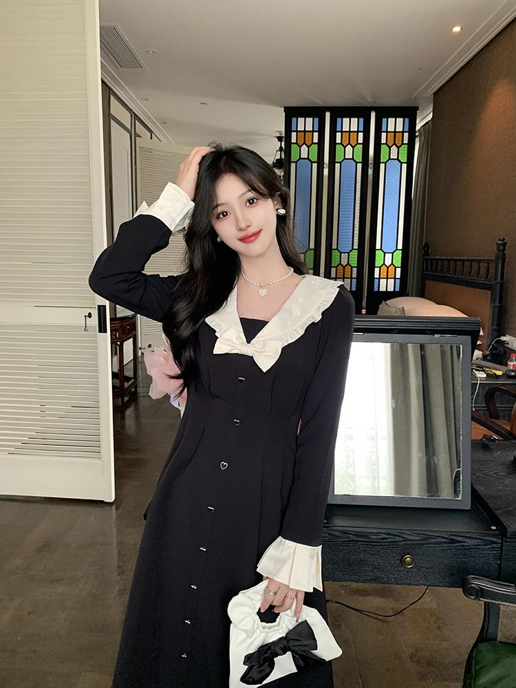 Fat pinched waist doll collar black long dress for women