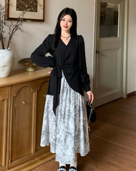 Long ink slim pinched waist long sleeve dress for women