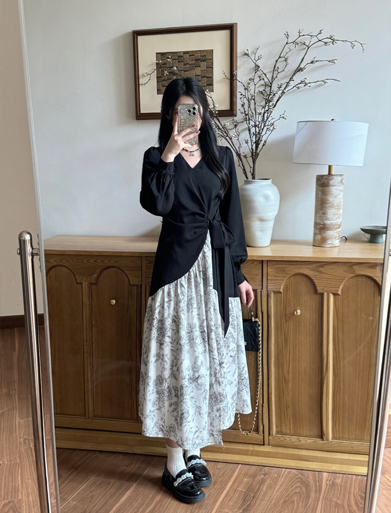 Long ink slim pinched waist long sleeve dress for women