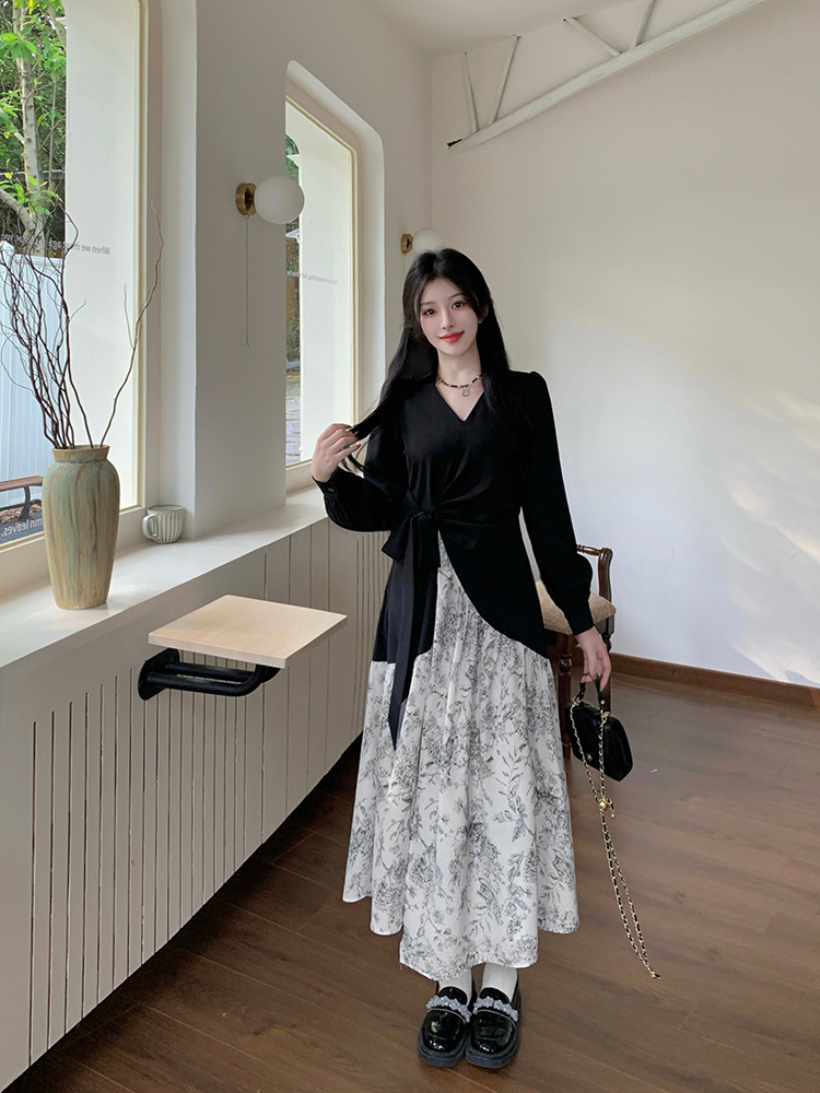 Long ink slim pinched waist long sleeve dress for women