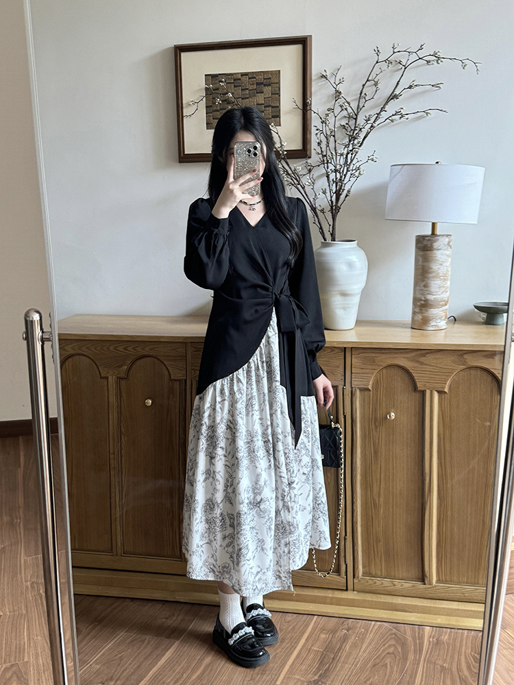 Long ink slim pinched waist long sleeve dress for women