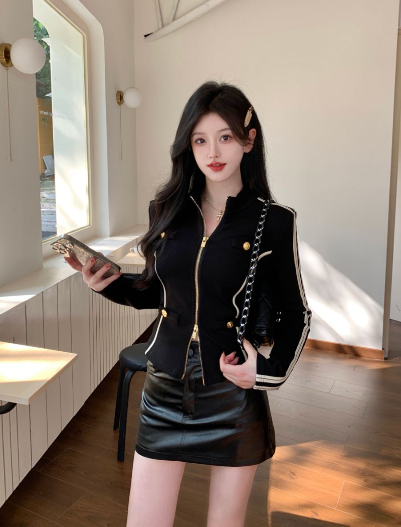 Fat long sleeve skirt PU coat 2pcs set for women