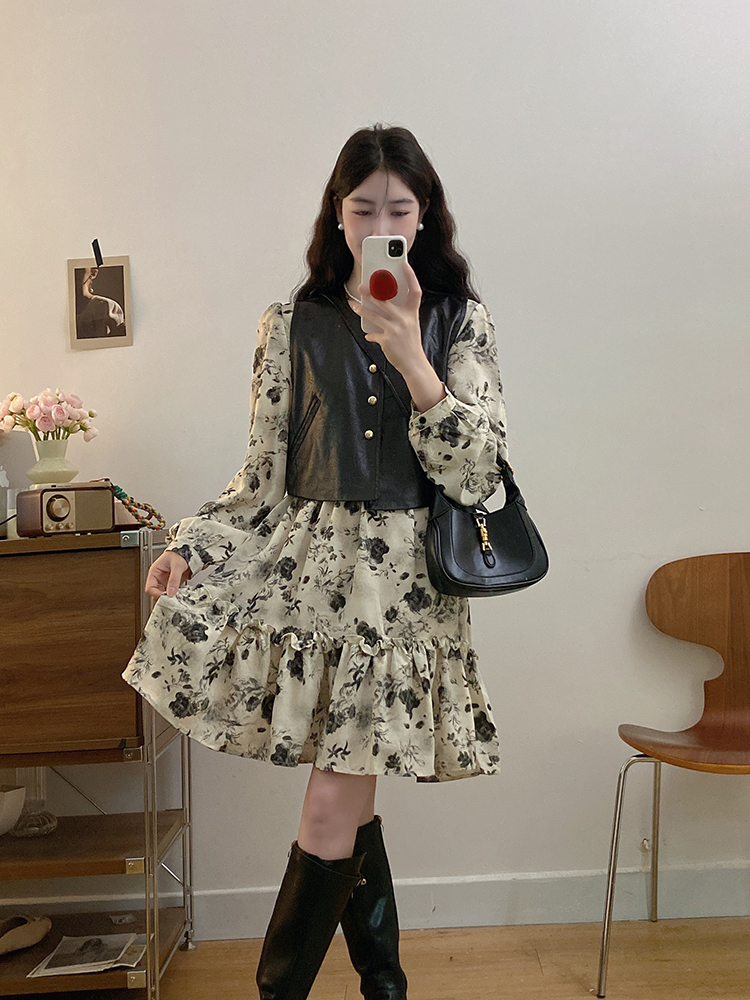 Fat fashion slim dress floral temperament waistcoat 2pcs set