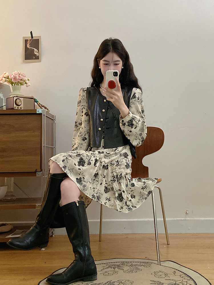 Fat fashion slim dress floral temperament waistcoat 2pcs set