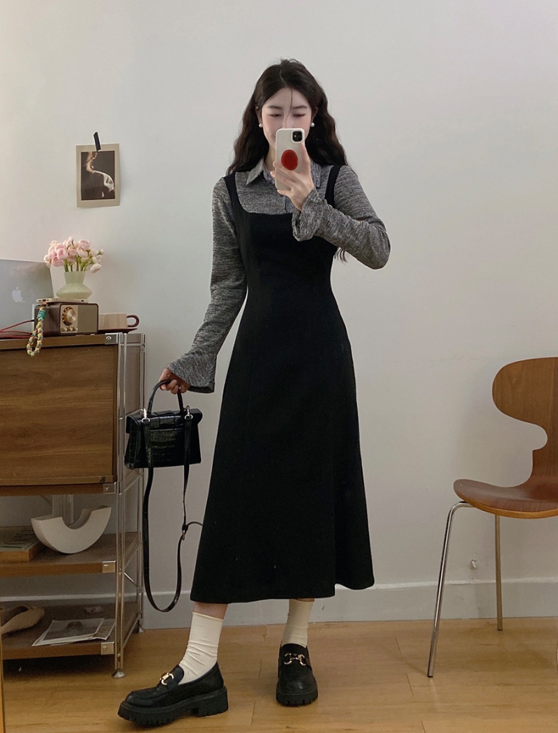 Pseudo-two simple long sleeve large yard dress