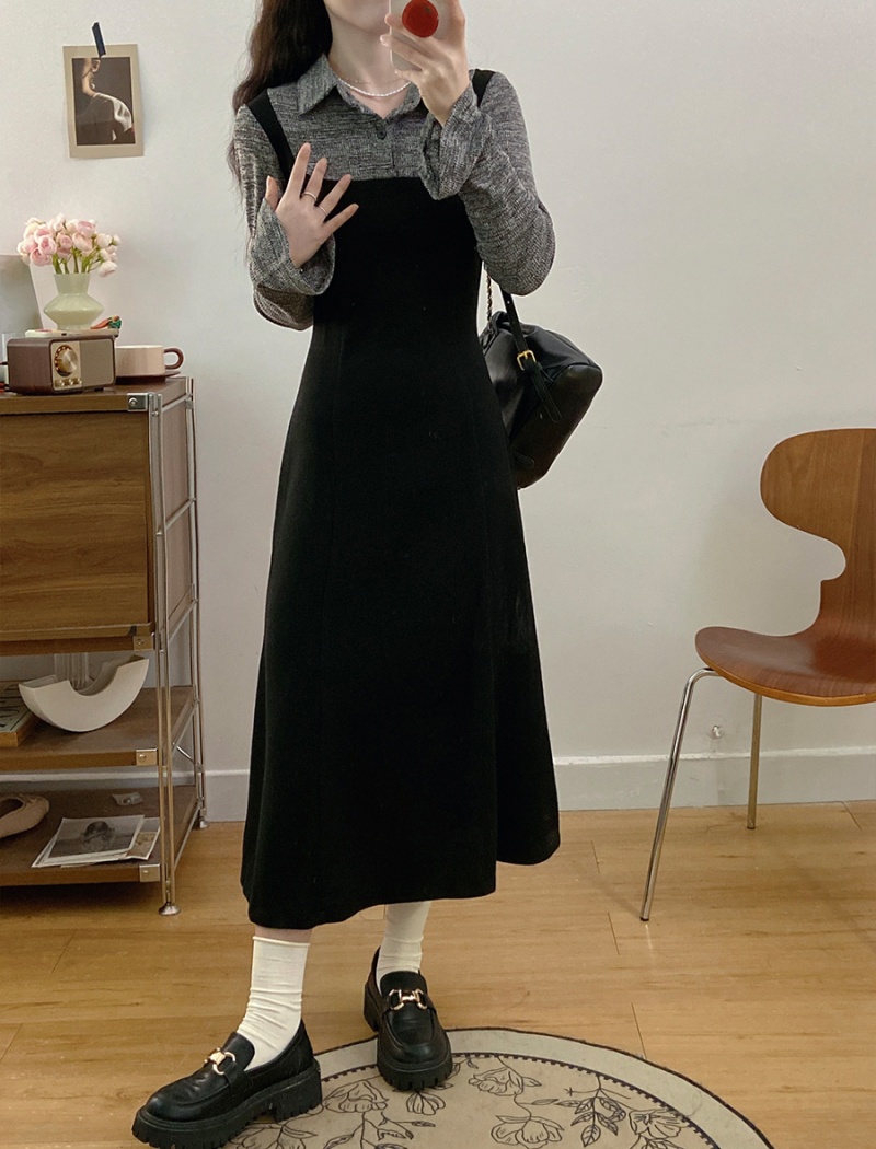 Pseudo-two simple long sleeve large yard dress