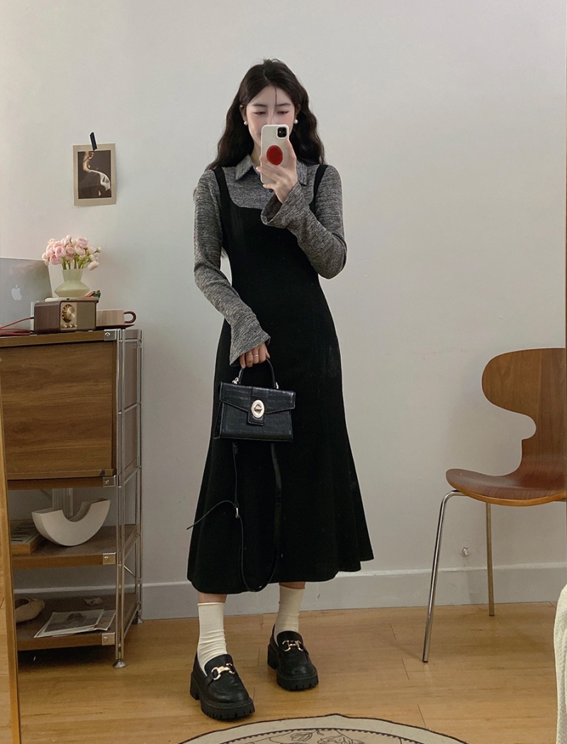 Pseudo-two simple long sleeve large yard dress