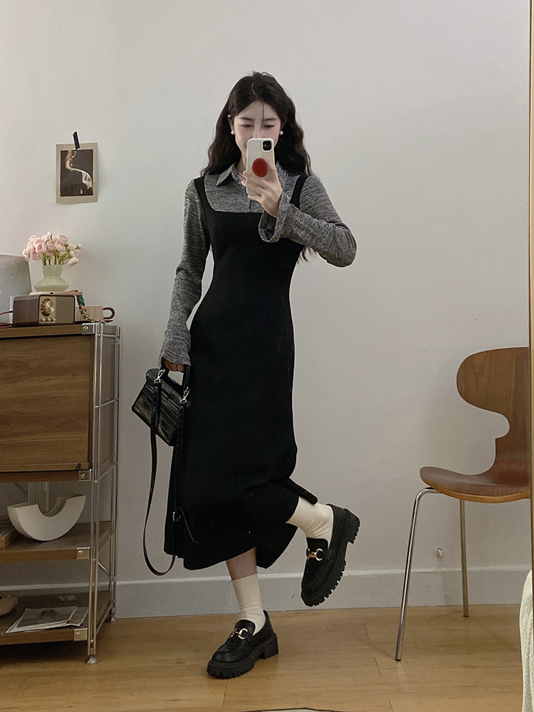 Pseudo-two simple long sleeve large yard dress