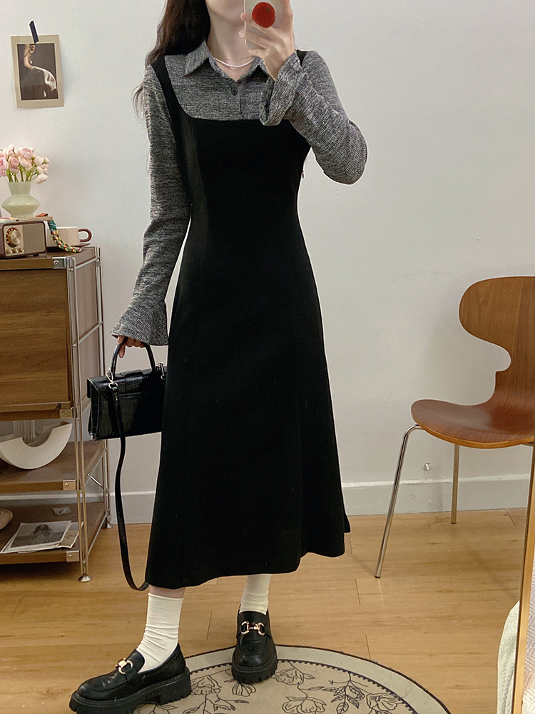 Pseudo-two simple long sleeve large yard dress