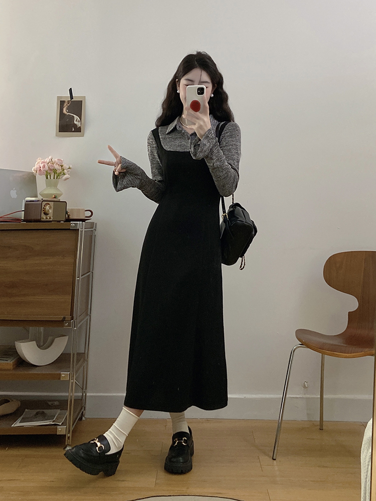 Pseudo-two simple long sleeve large yard dress