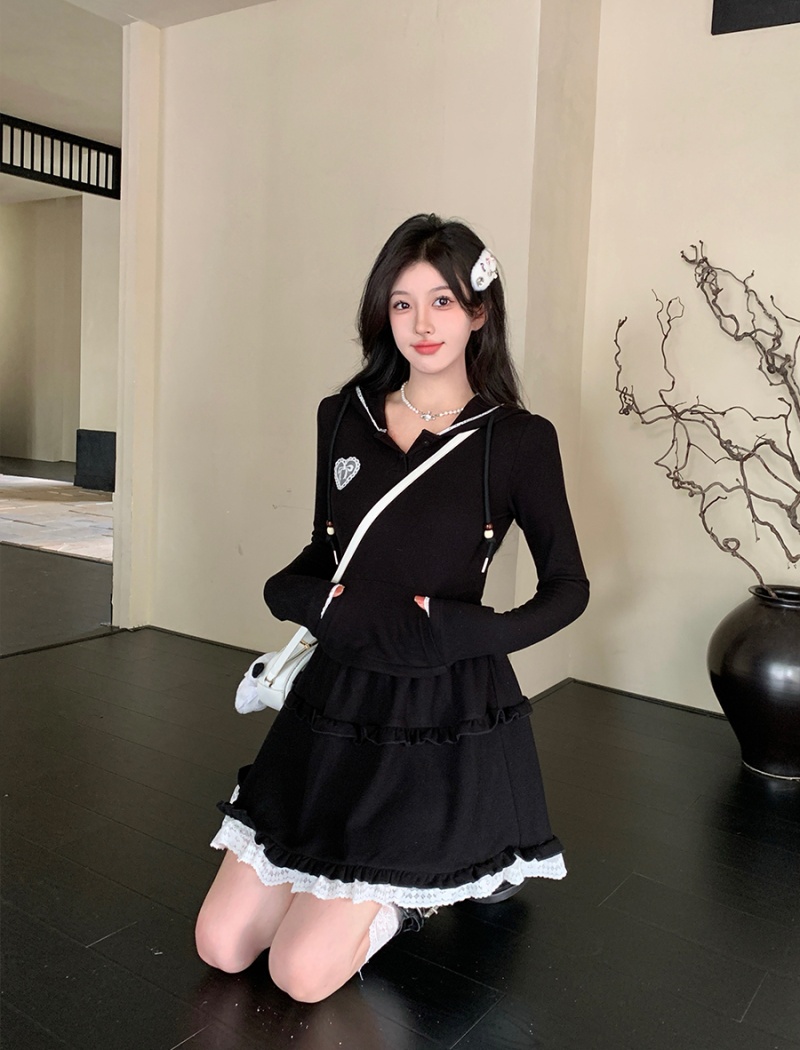 Hooded tops fat short skirt 2pcs set for women