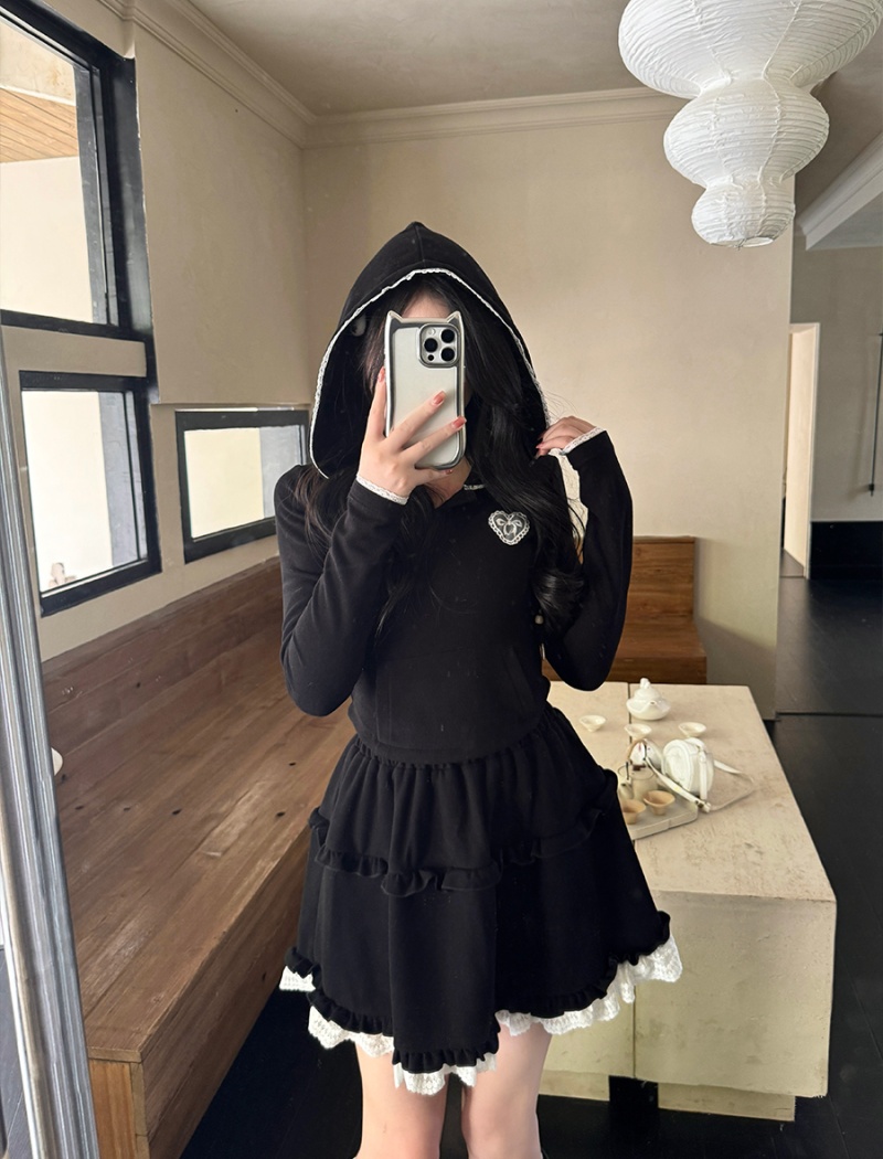 Hooded tops fat short skirt 2pcs set for women