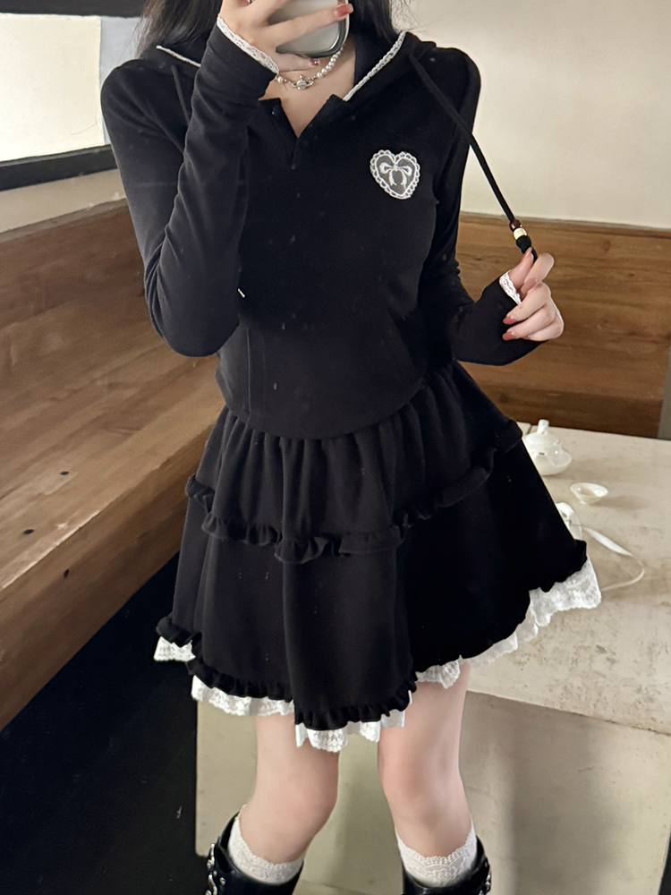 Hooded tops fat short skirt 2pcs set for women