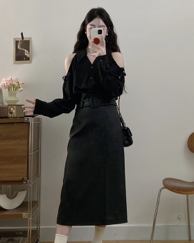 Strapless long skirt leather skirt a set for women