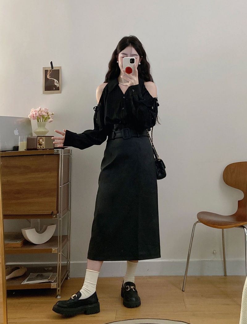 Strapless long skirt leather skirt a set for women