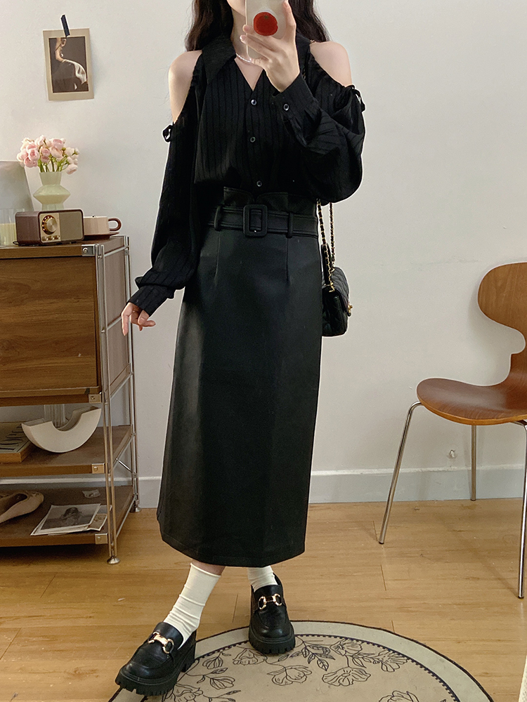 Strapless long skirt leather skirt a set for women