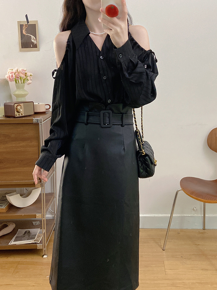 Strapless long skirt leather skirt a set for women