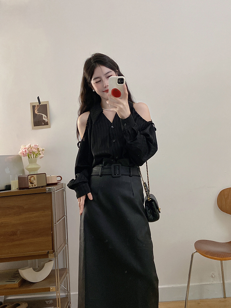 Strapless long skirt leather skirt a set for women