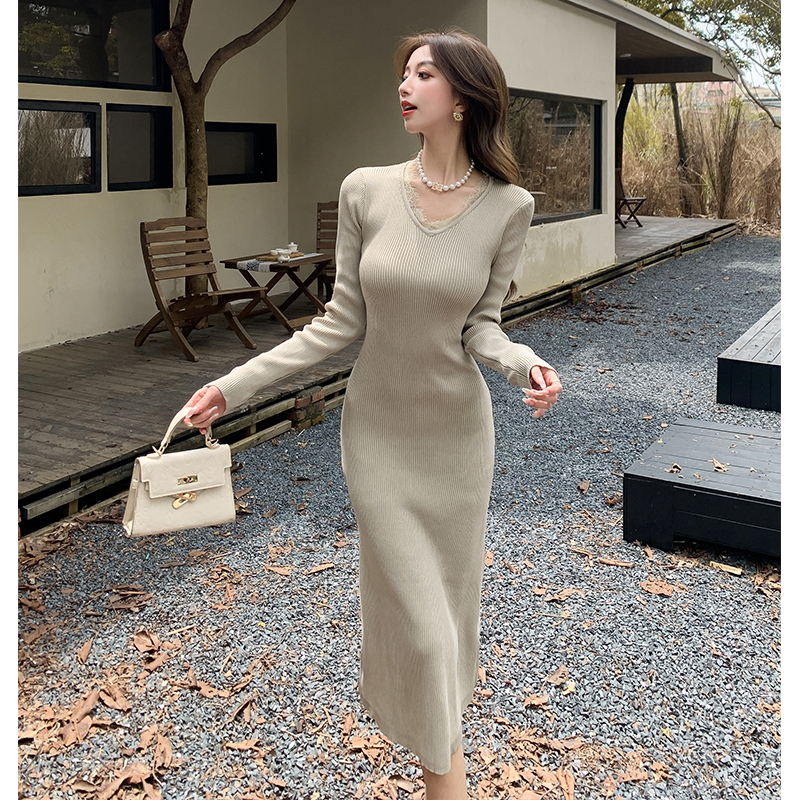 Straight all-match long dress V-neck dress for women