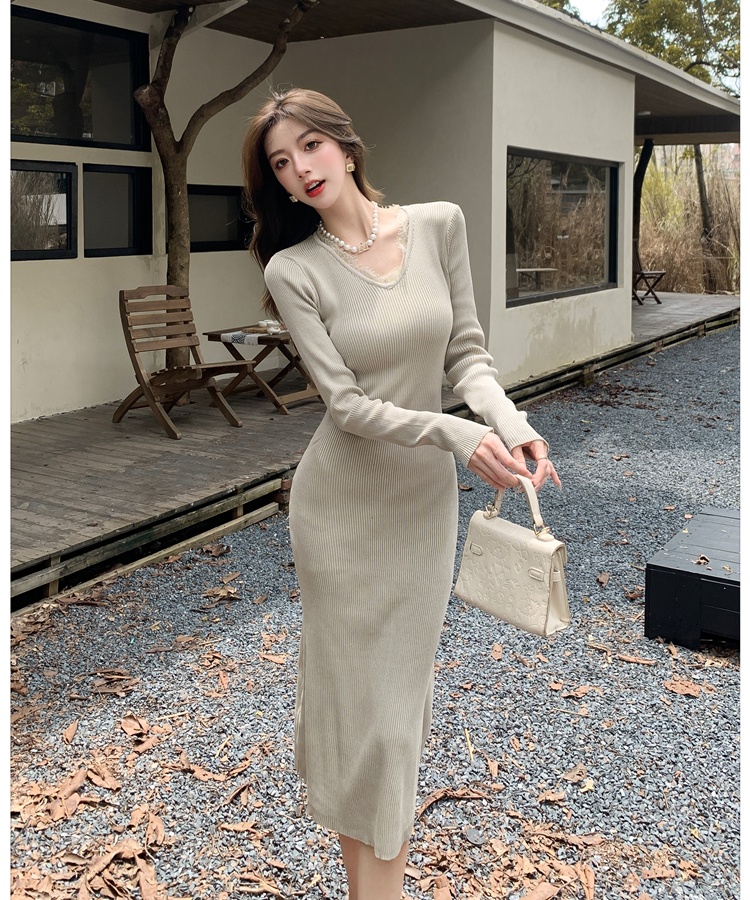 Straight all-match long dress V-neck dress for women