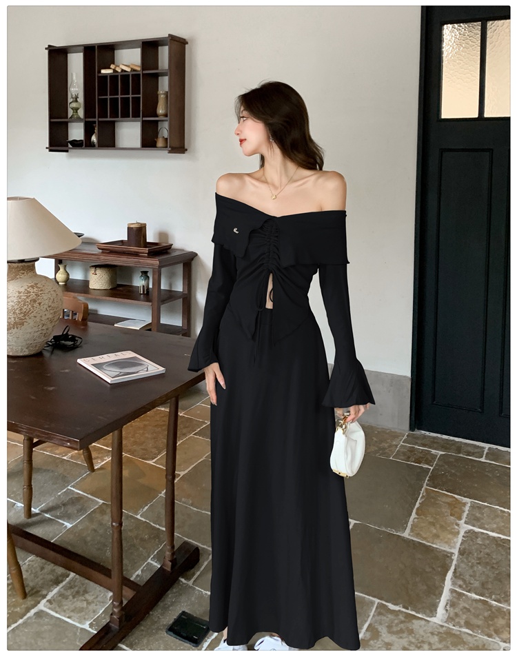 Long sleeve tops horizontal collar long skirt 2pcs set