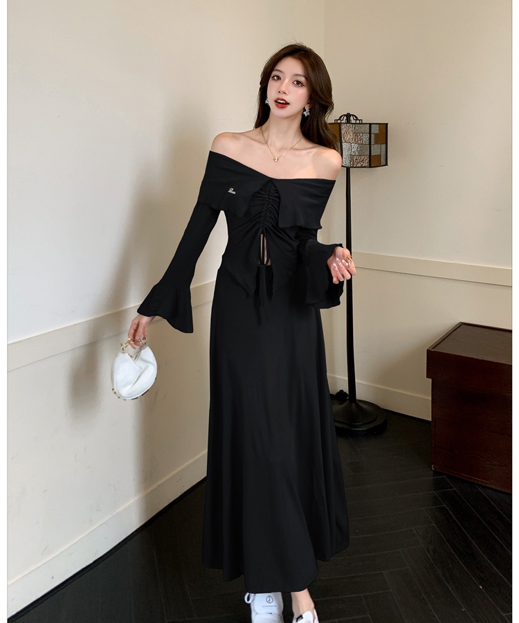 Long sleeve tops horizontal collar long skirt 2pcs set