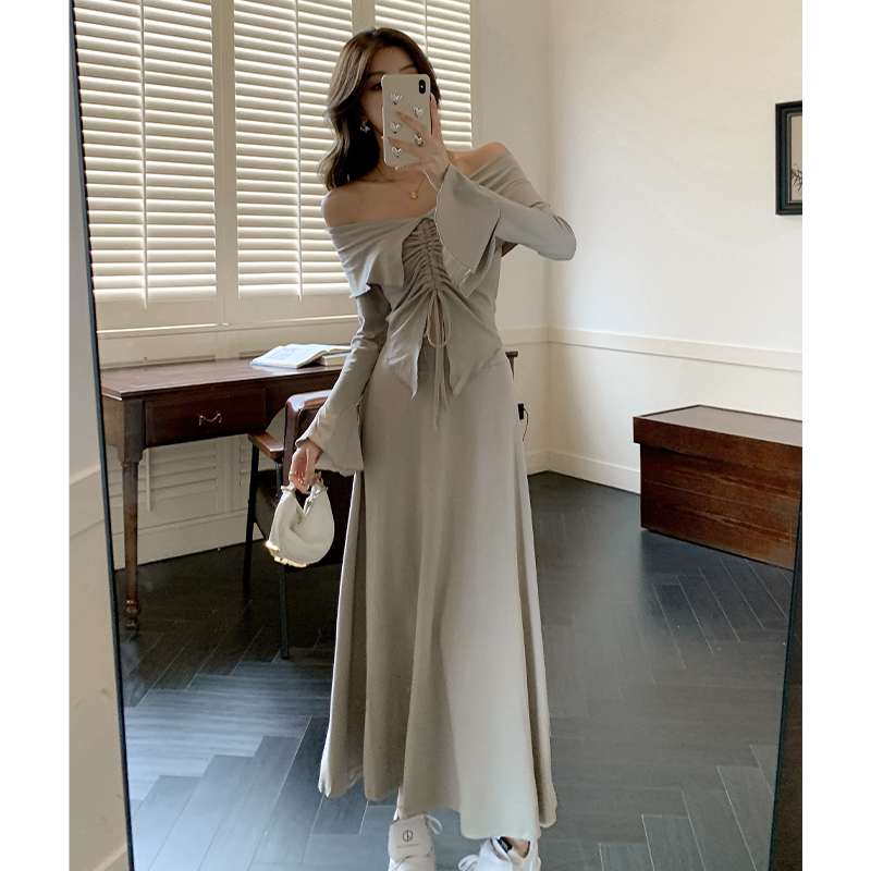 Long sleeve tops horizontal collar long skirt 2pcs set