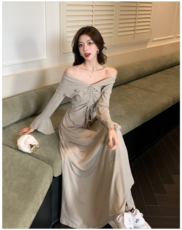 Long sleeve tops horizontal collar long skirt 2pcs set