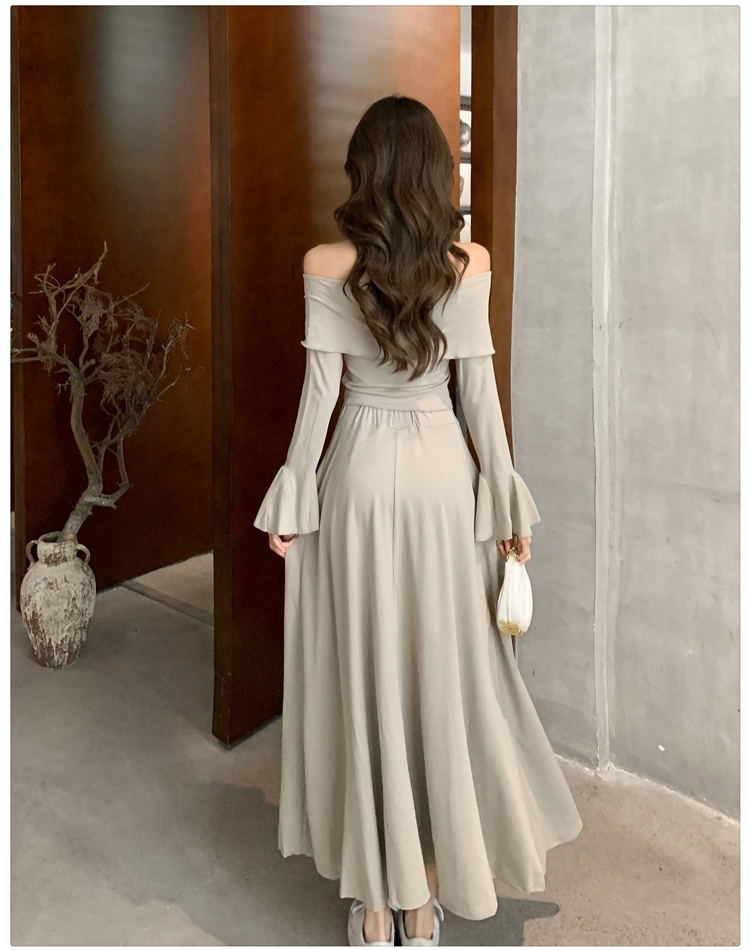 Long sleeve tops horizontal collar long skirt 2pcs set